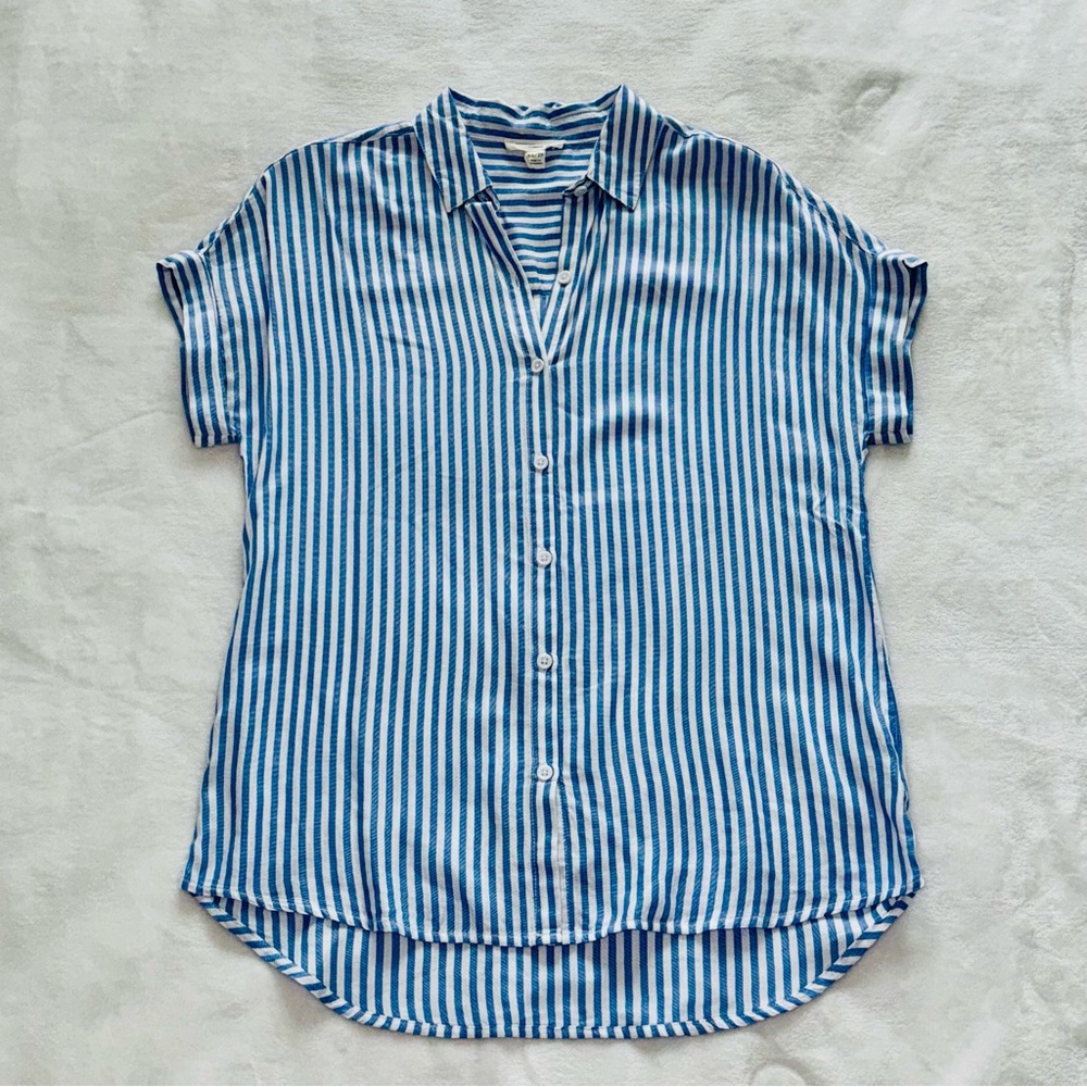 Beach Lunch Lounge Womens Short Sleeve Striped Collared Button Down Shirt Sz XS